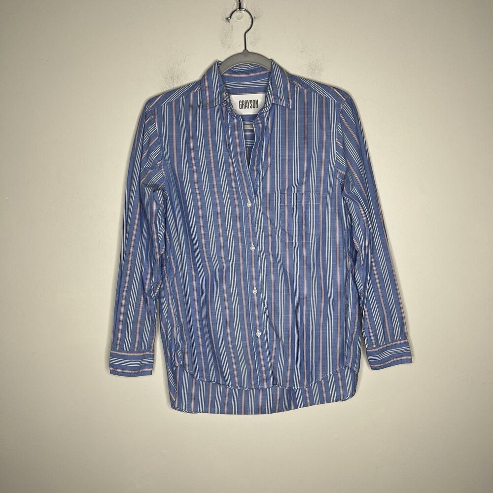 Grayson The Hero Shirt Womens XS Blue Striped Button Up Cotton Casual Preppy